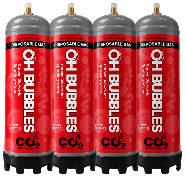 Four OH Bubbles 2.2L CO₂ gas cylinders in a row