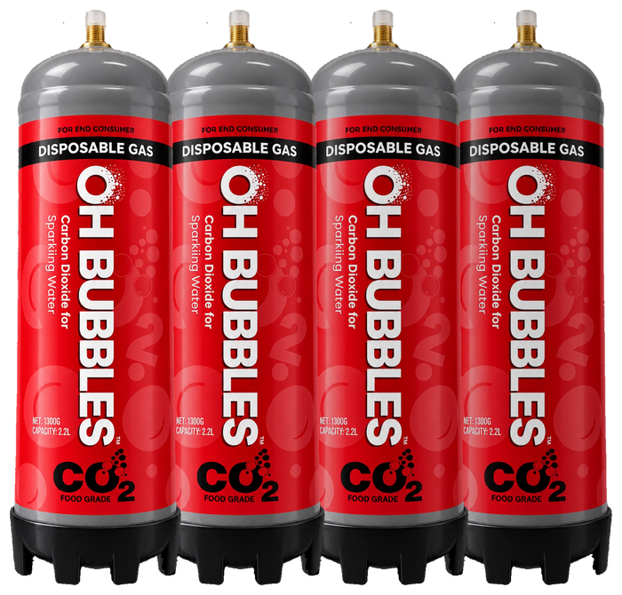 Four OH Bubbles 2.2L CO₂ gas cylinders in a row