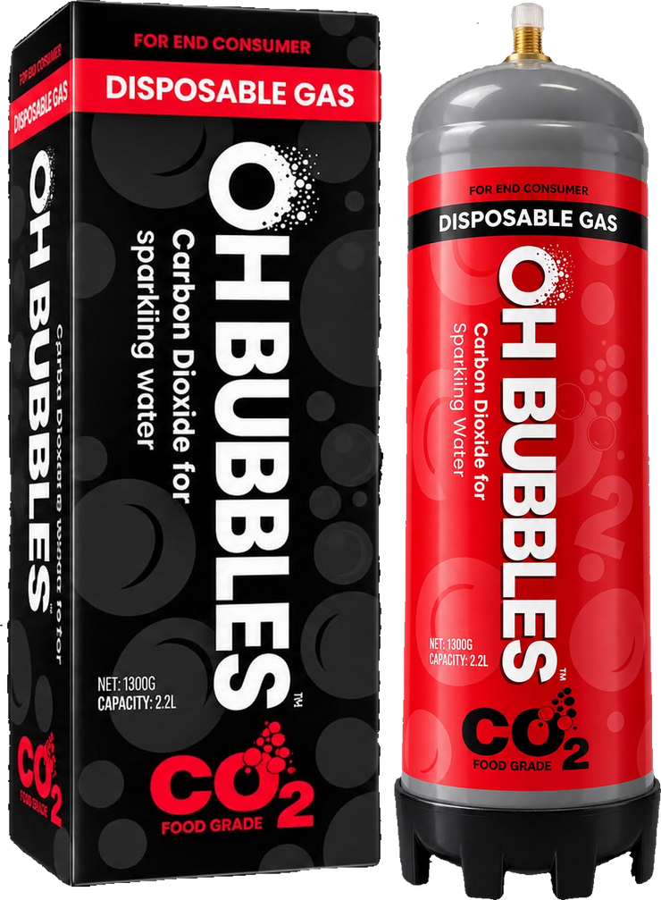 OH Bubbles 2.2L CO₂ replacement cylinder standing beside its retail box