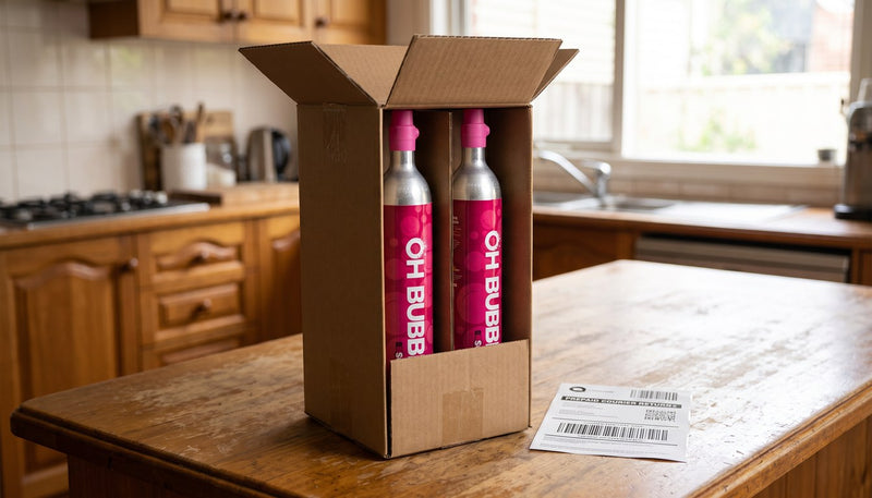 Pink OH Bubbles cylinders in an open kraft box with a courier return label