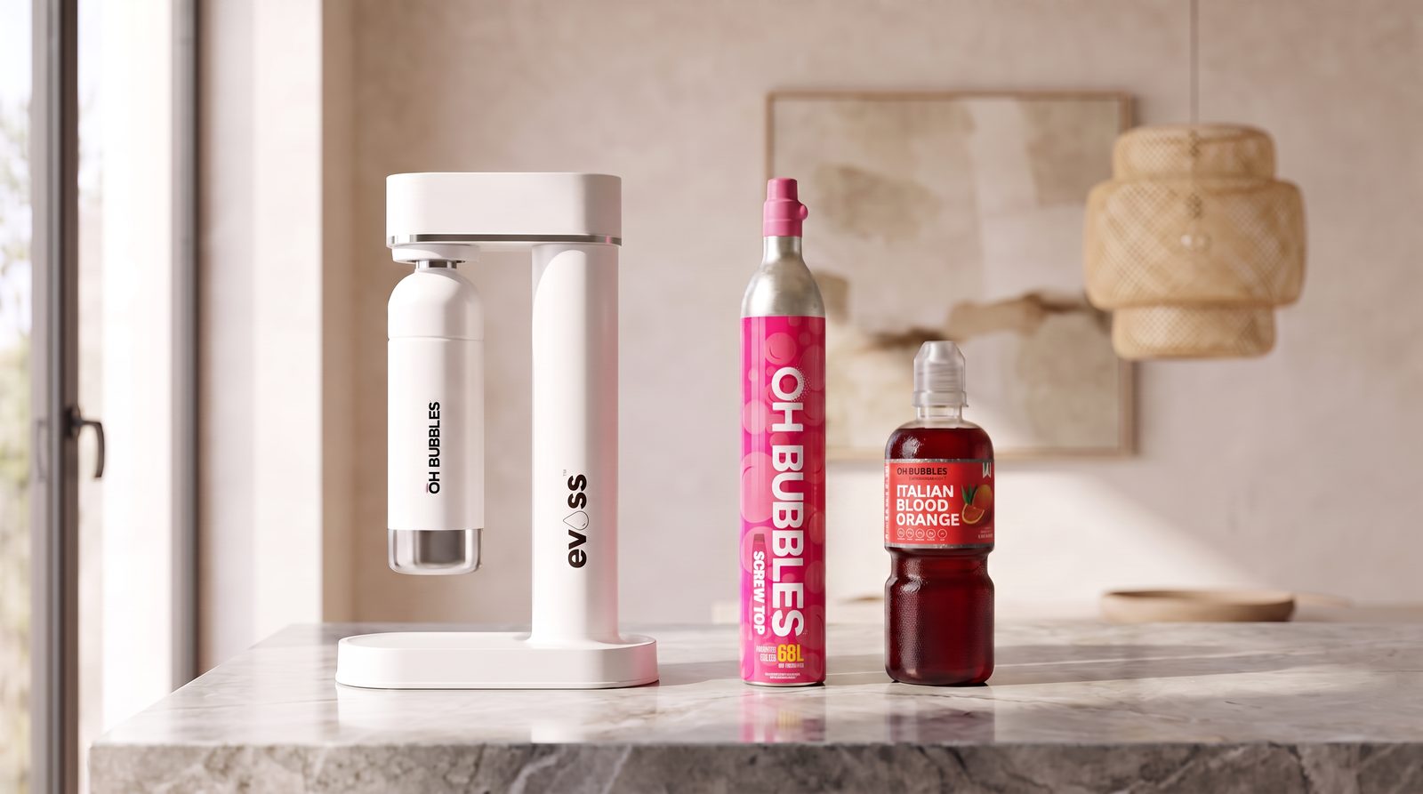 The white EVOSS soda maker on a stone kitchen bench with the OH Bubbles CO2 cylinder and Italian blood orange syrup beside it