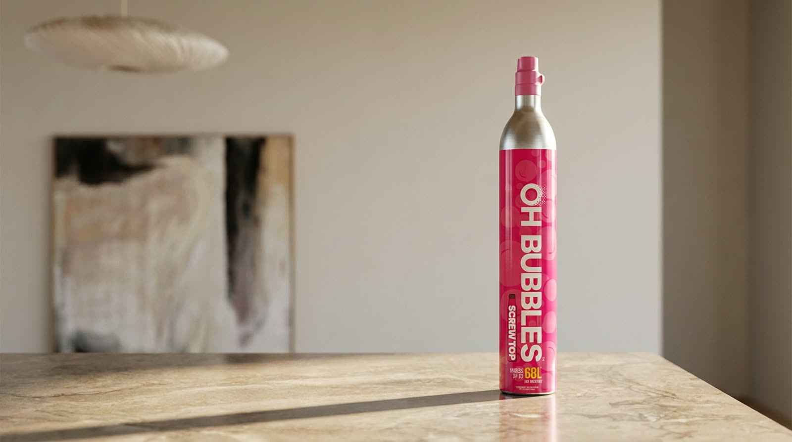 An OH Bubbles CO2 cylinder on a stone bench, refilled locally and ready to swap