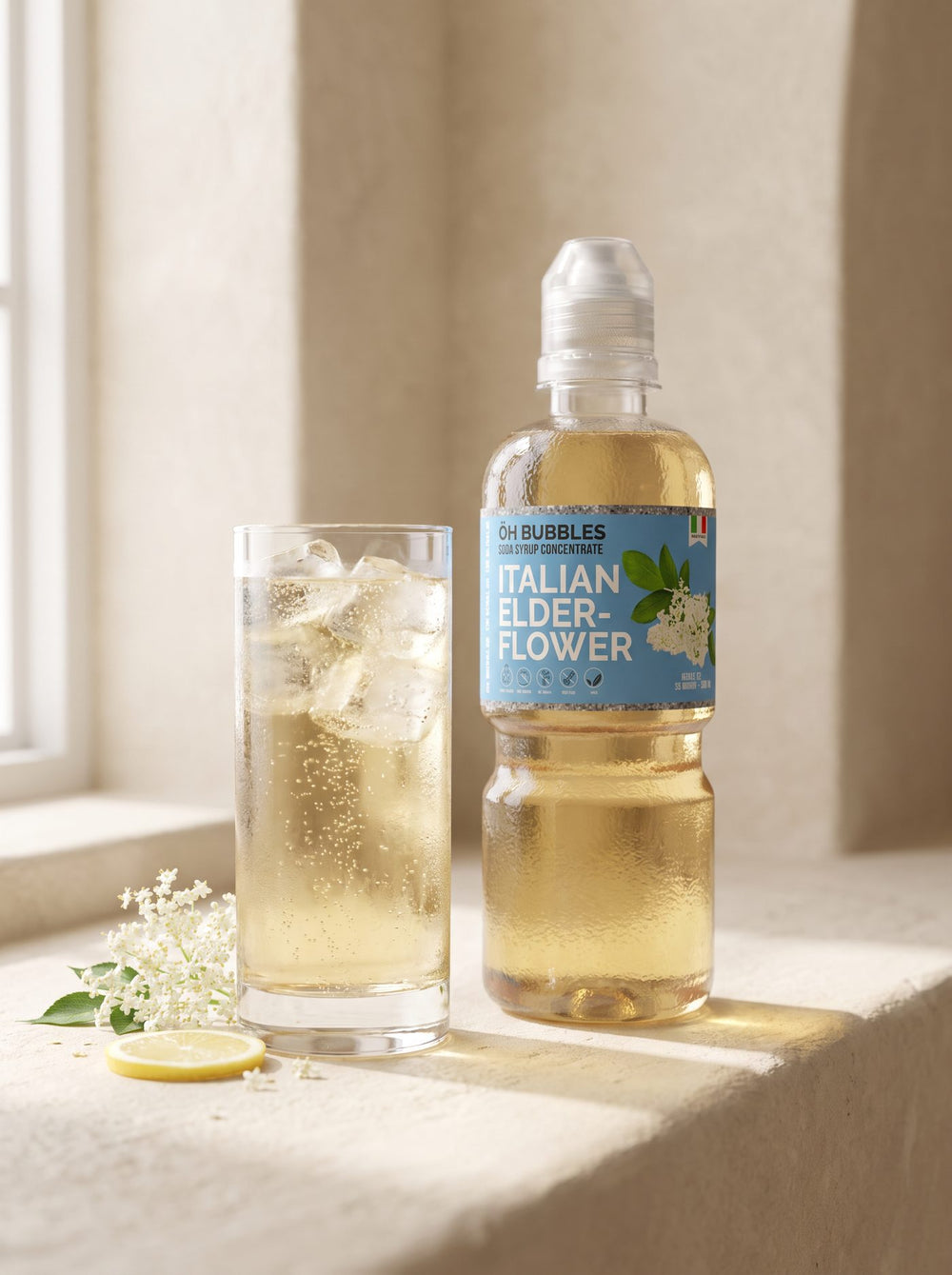 A finished Elderflower Concentrated Syrup drink over ice, made with real fruit