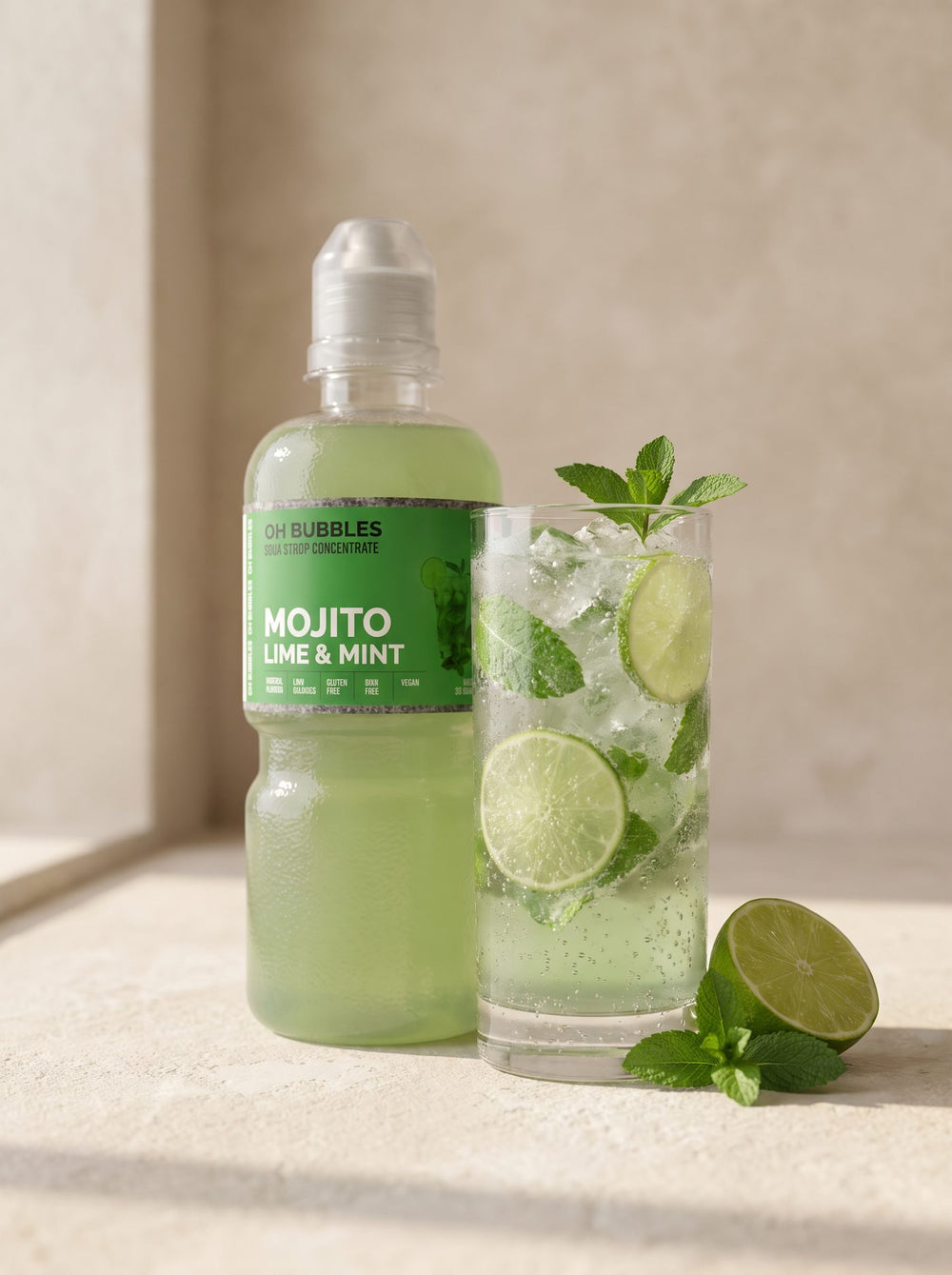 A finished Mojito Concentrated Syrup 500ml drink over ice, made with real fruit