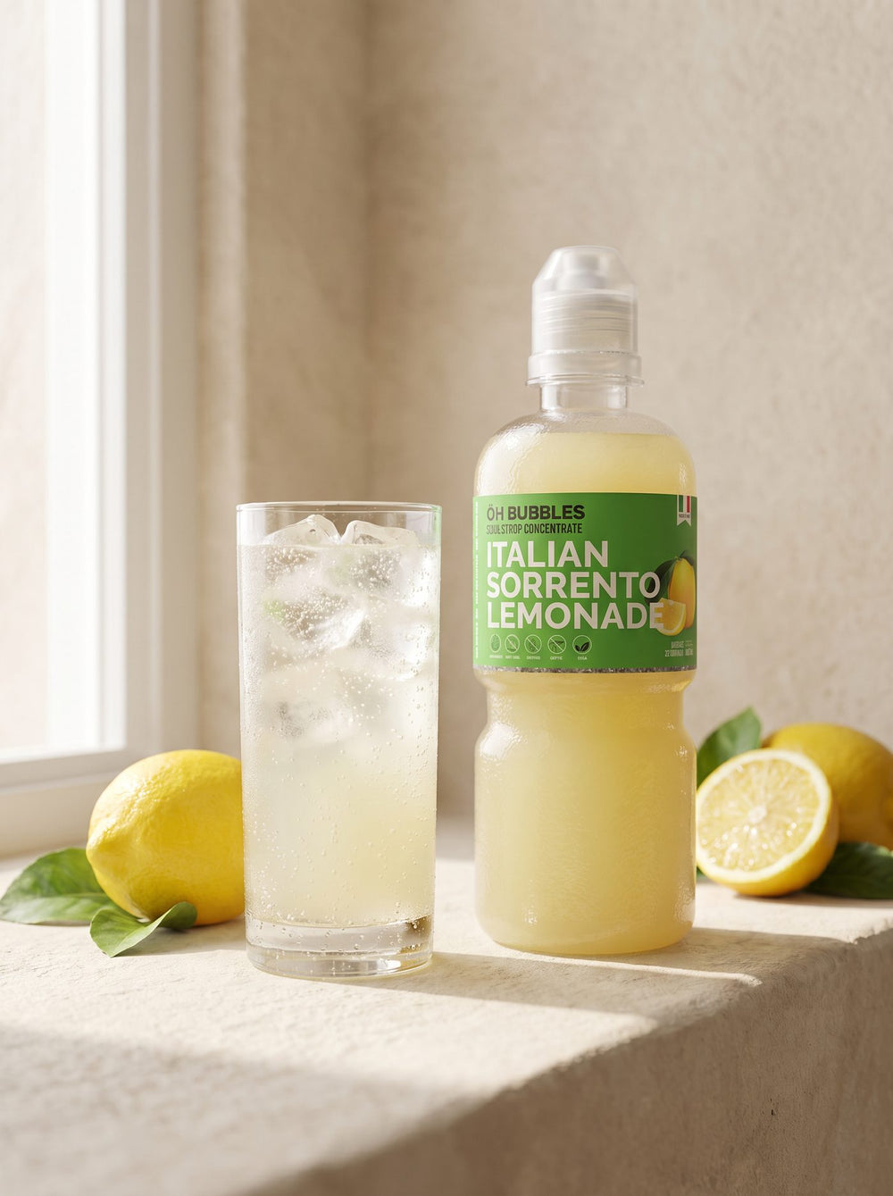 A finished Sorrento Lemonade Concentrated Syrup drink over ice, made with real fruit