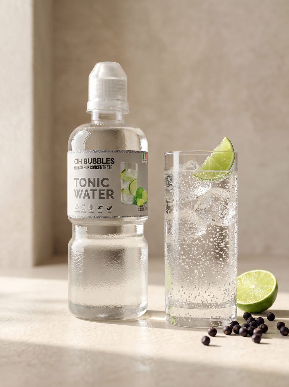 A finished Italian Tonic Concentrated Syrup drink over ice, made with real fruit
