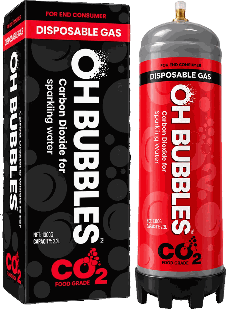 OH Bubbles 2.2L CO2 tap cylinder beside its retail box
