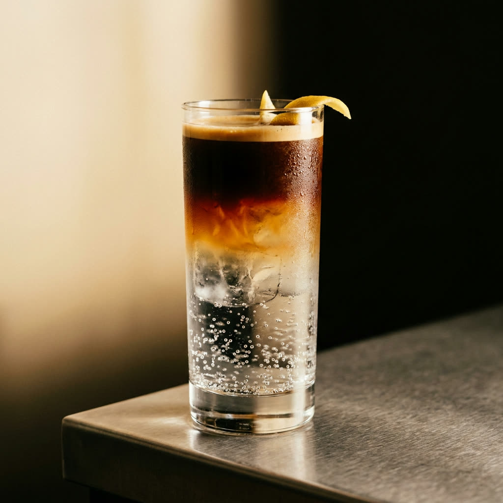 An espresso tonic over ice with a lemon twist
