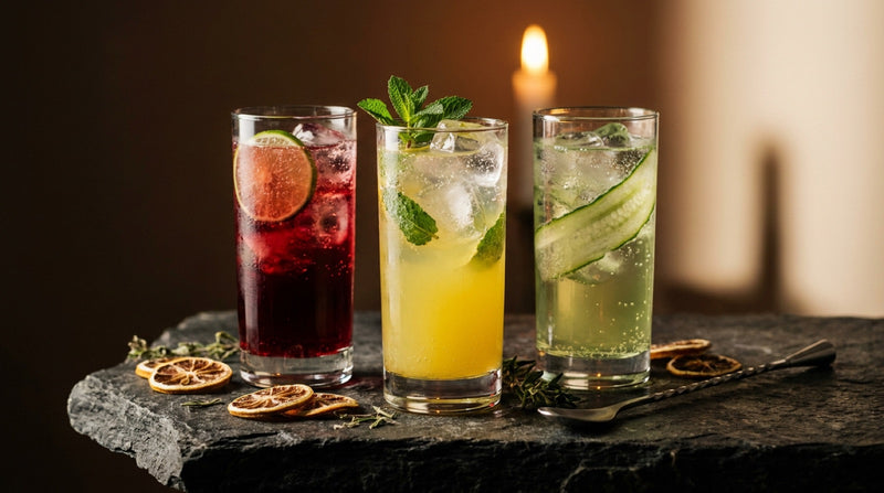 Three made pours on a dark bench: a pomegranate cooler, a lemon and mint soda, and an elderflower cucumber tonic