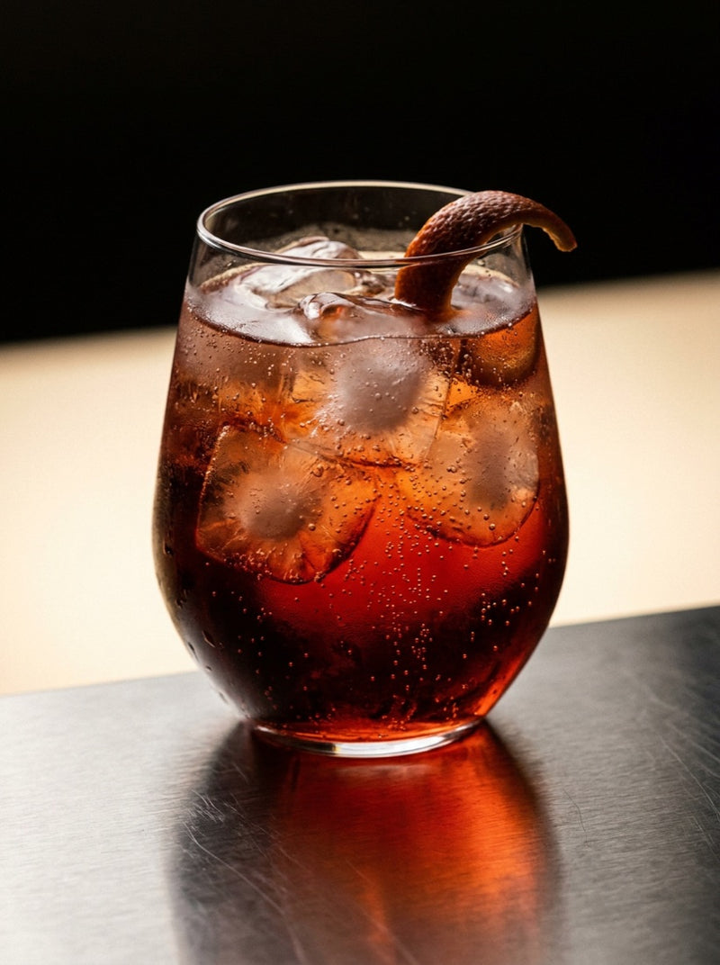 A blood orange spritz over ice with an orange peel, the signature OH Bubbles pour