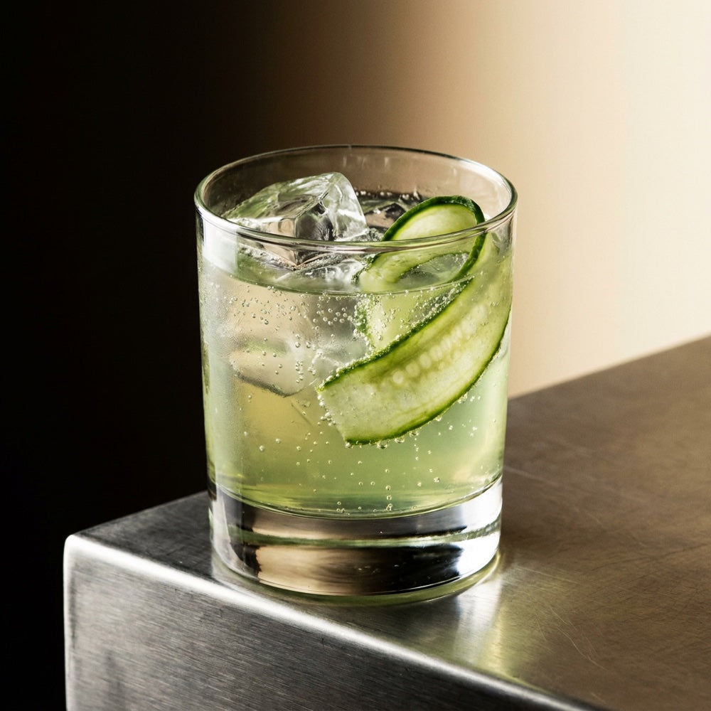 A pale elderflower cooler with cucumber